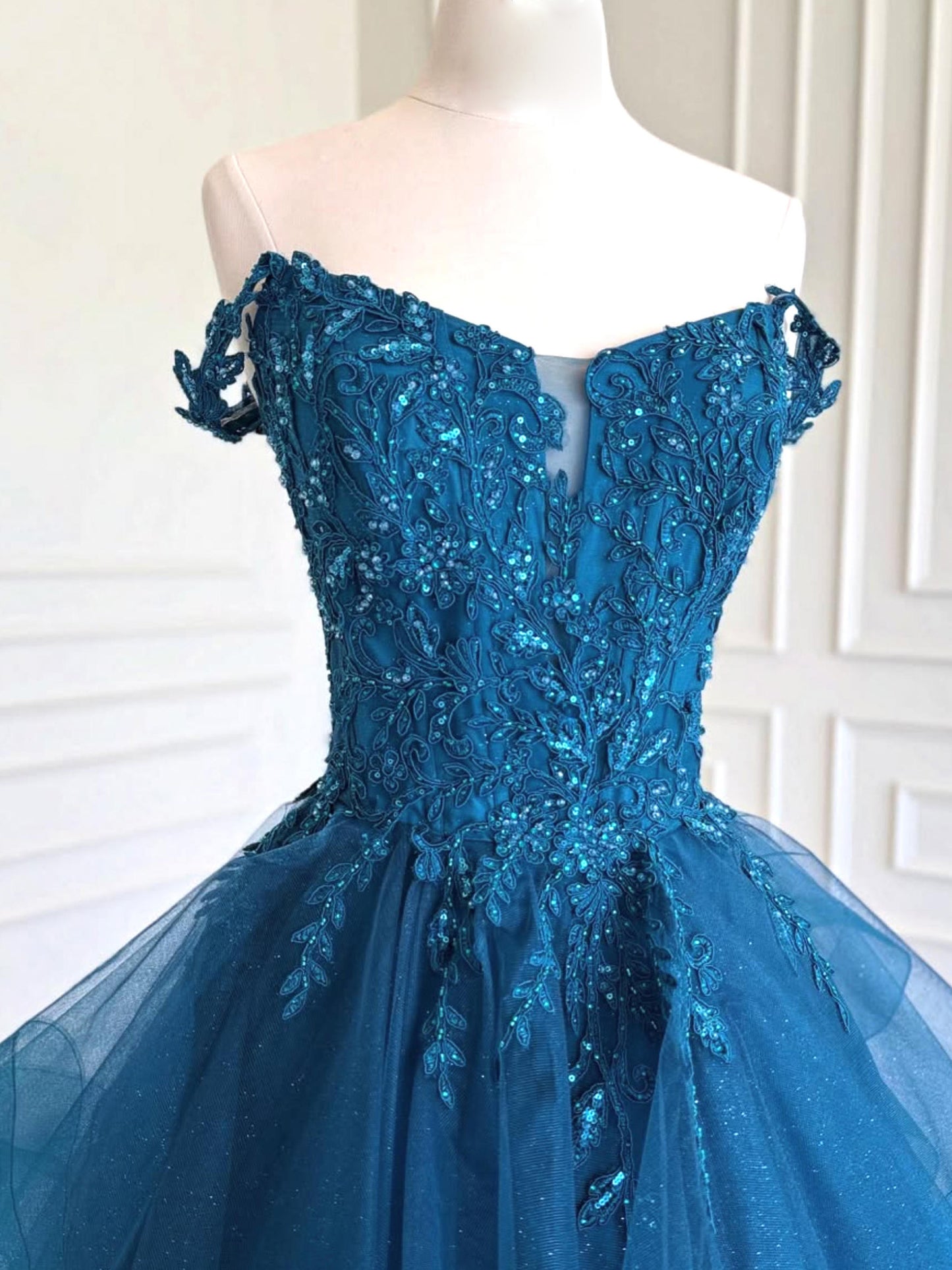 A-Line V Neck Tulle Lace Blue Long Prom Dress, Blue Long Formal Dress