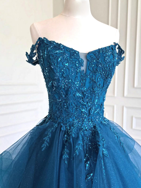 A-Line V Neck Tulle Lace Blue Long Prom Dress, Blue Long Formal Dress