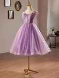 A-Line Sweetheart Neck Tulle Lace Purple Short Prom Dress, Purple Homecoming Dress