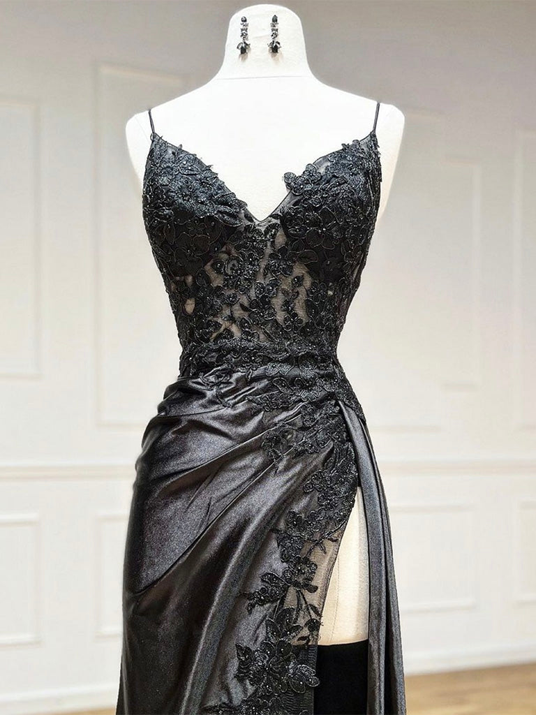Mermaid V Neck Satin Lace Black Long Prom Dress, Black Evening Dress