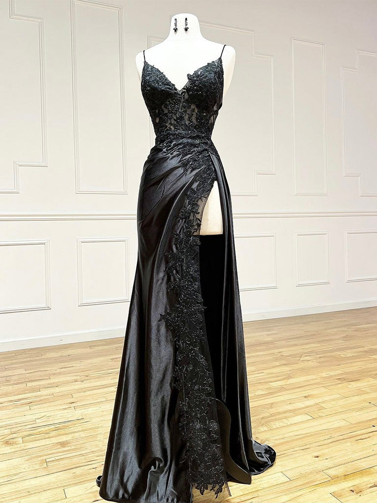 Mermaid V Neck Satin Lace Black Long Prom Dress, Black Evening Dress
