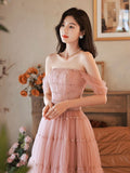 A-Line Pink Off Shoulder Long Prom Dress, Pink Long Formal Dress
