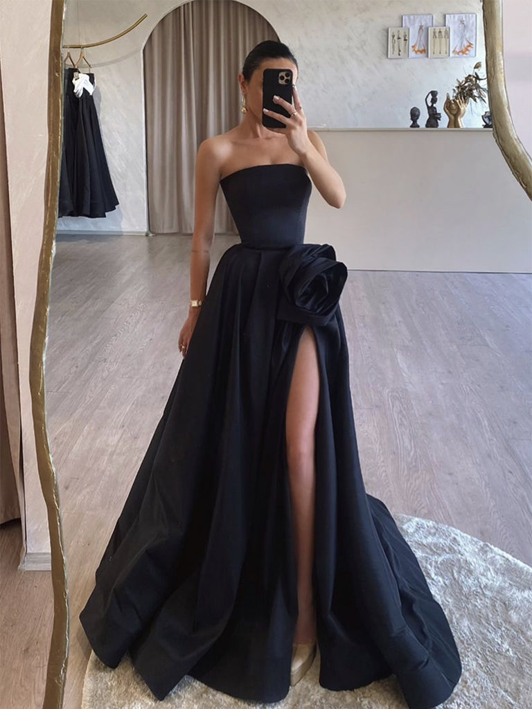 A-Line Satin Black Long Prom Dress, Black Long Formal Dress – dresstby