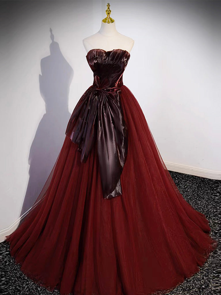 A- Line Tulle Burgundy Long Prom Dress, Burgundy Tulle Formal Dress