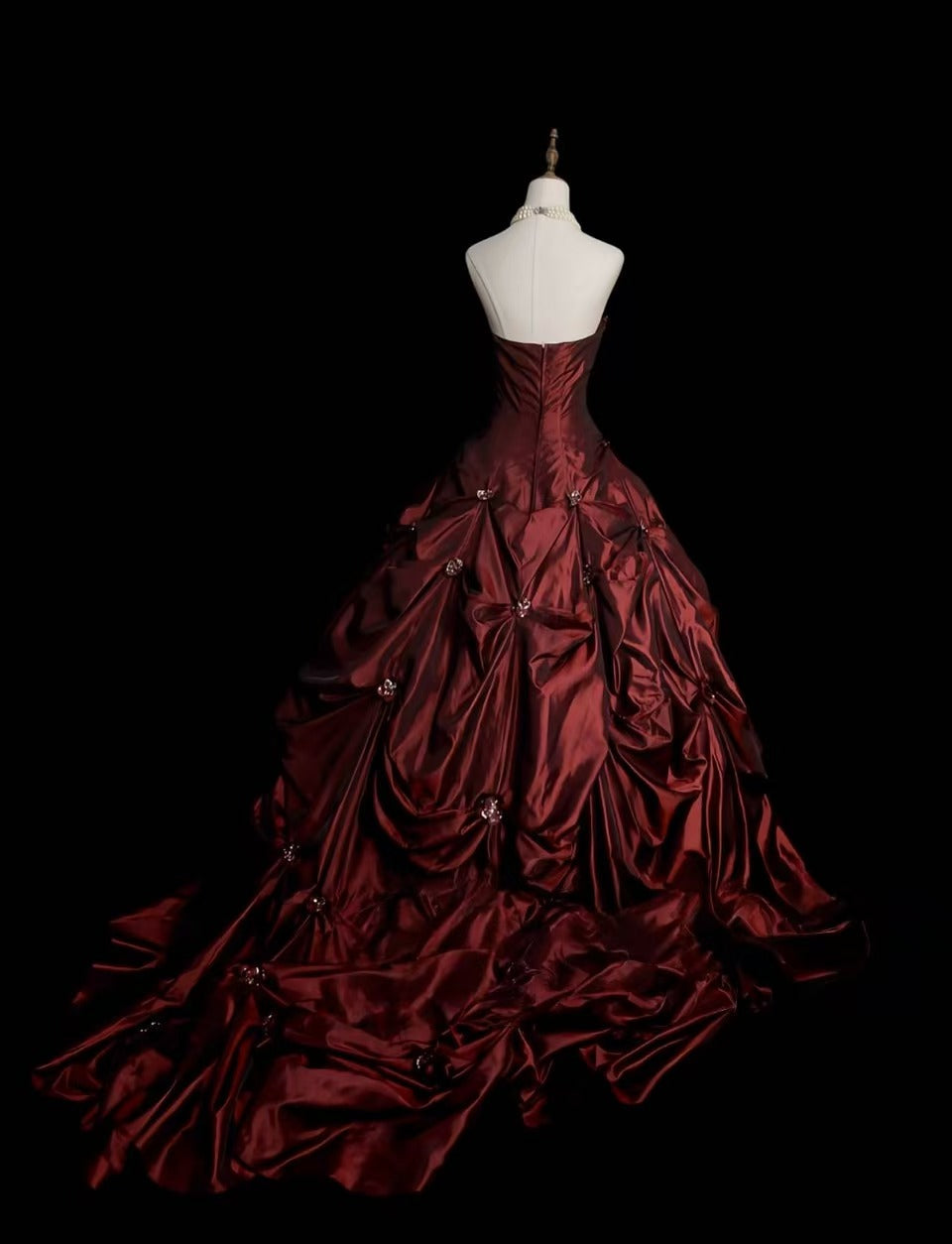 A-line Taffeta Sweep Train Burgundy Long Prom Dress with Beads