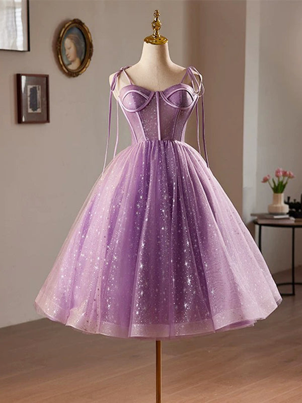 A-Line Sweetheart Neck Tulle Lace Purple Short Prom Dress, Purple Homecoming Dress