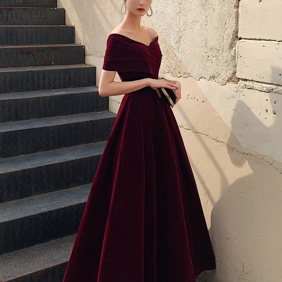 A-Line Burgundy off Shoulder Tea Length Prom Dress, Burgundy Formal Dr   dresstby