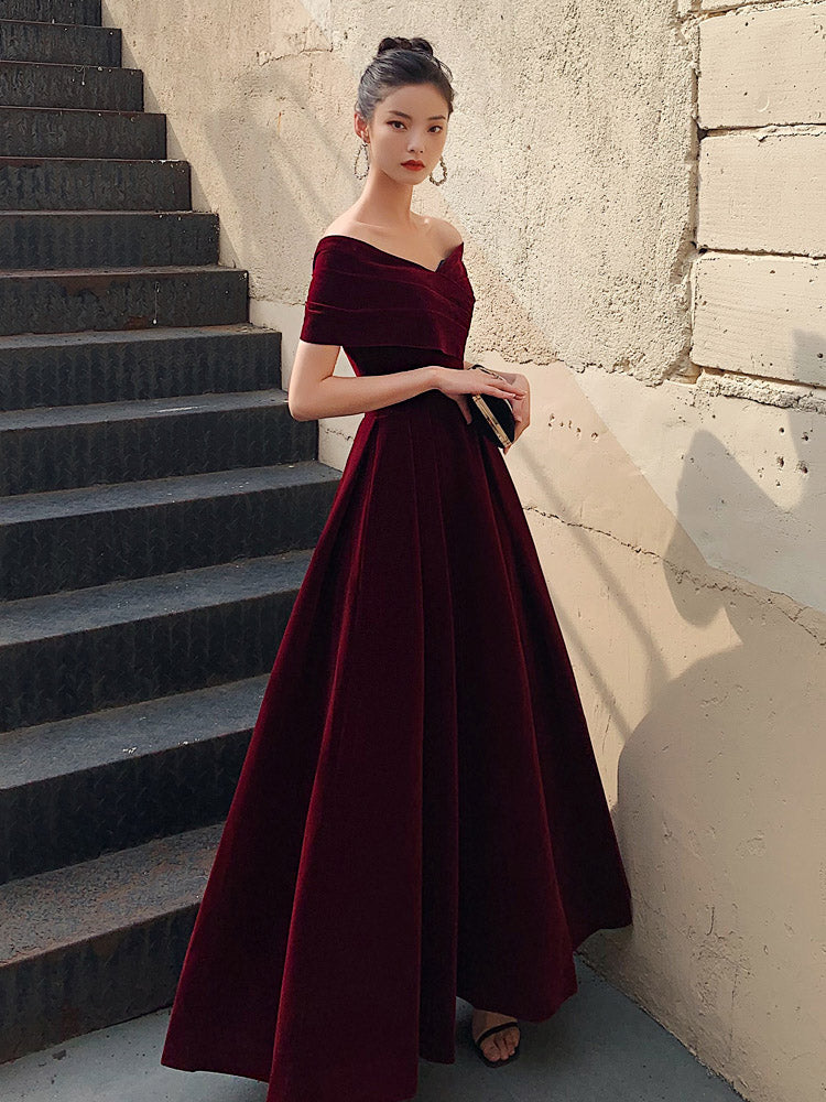 A-Line Burgundy off Shoulder Tea Length Prom Dress, Burgundy Formal Dress
