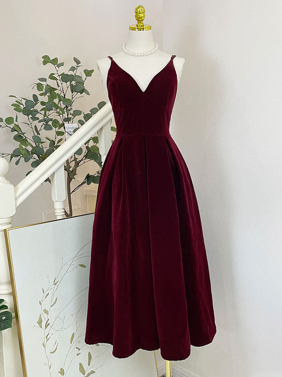 A-Line V Neck Velvet Burgundy Tea Length Prom Dress, Velvet Formal Dress