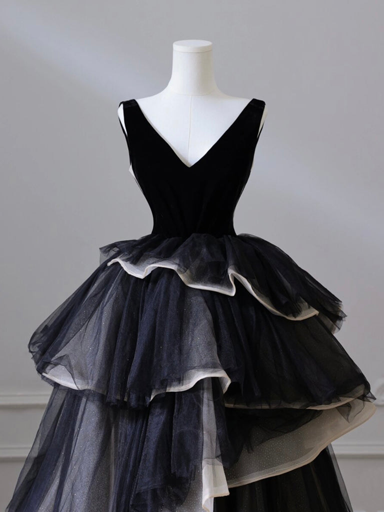 Black V Neck Tulle Velvet Long Prom Dress, Black Long Formal Dress