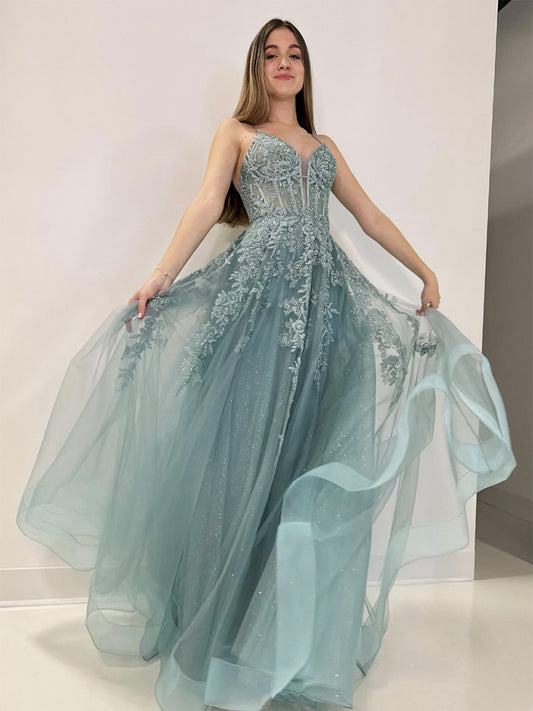 A-Line V Neck Tulle Lace Gray Green Long Prom Dress, Gray Green Formal Dress