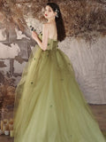 A-Line Tulle Applique Green Long Prom Dress, Green Long Evening Dress