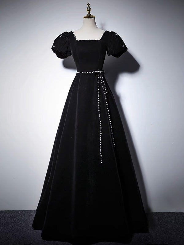 A-Line Velvet Black Long  Prom Dress, Black Long Formal Dress