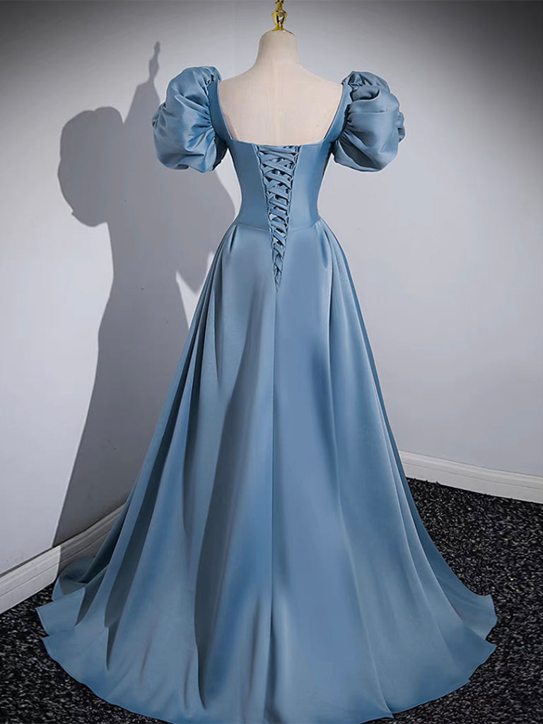 A-Line Satin Blue Long Prom Dress, Blue Satin Long Evening Dress