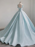 Blue Satin Sweep Train Long Prom Dresses, Blue Satin Evening Dress