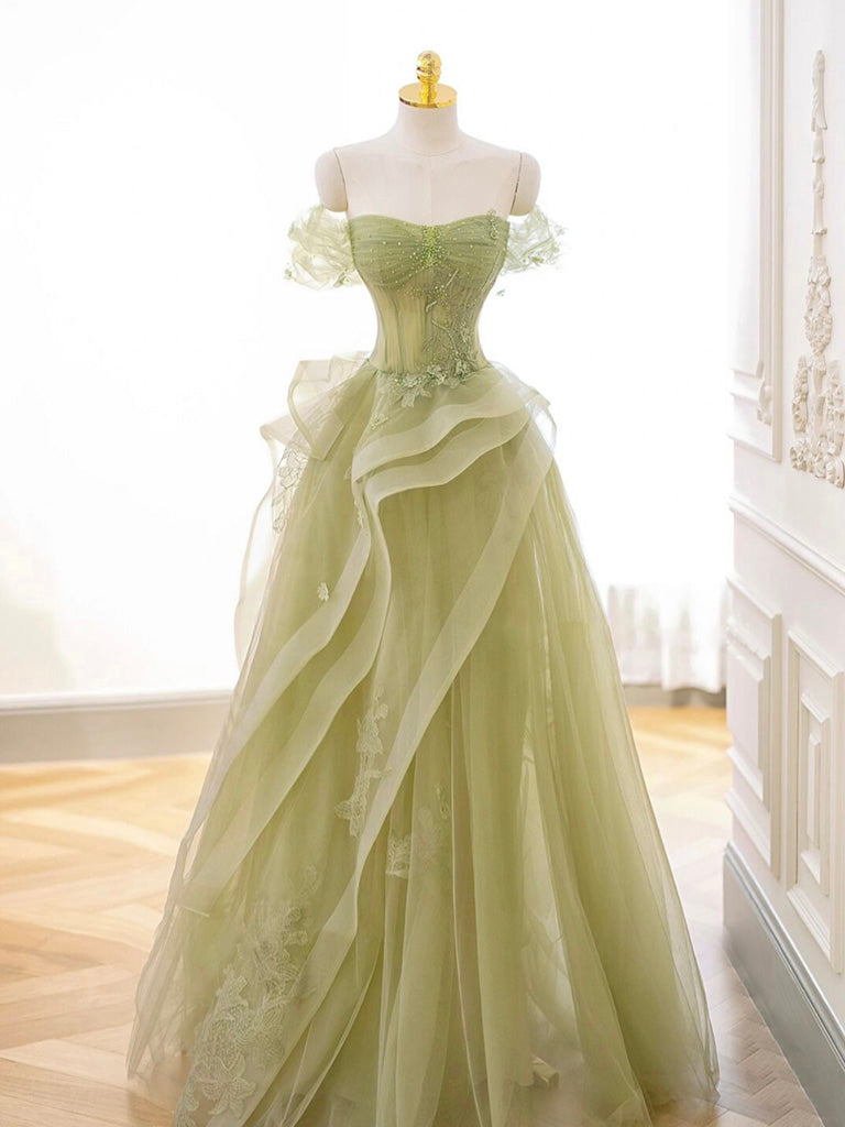 A-Line Off Shoulder Tulle Lace Green Long Prom Dress, Green Long Gradu