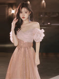 A-Line Off Shoulder Tulle Sequin Pink Long Prom Dress, Pink Long Formal Dress