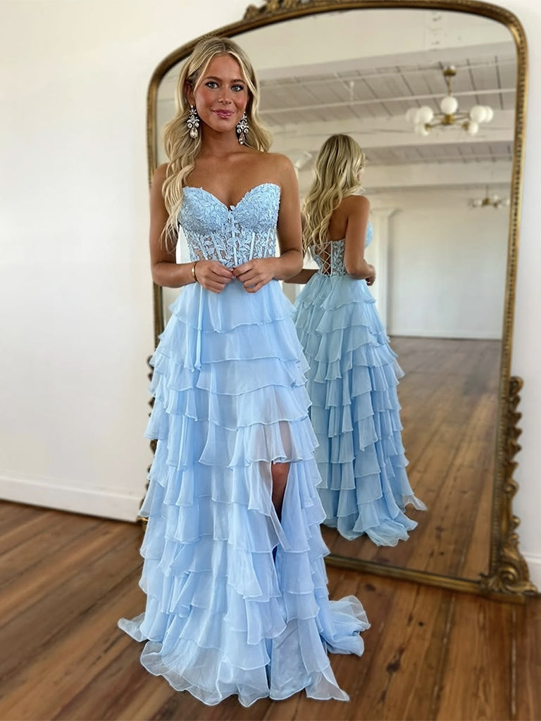 A-Line Sweetheart Neck Chiffon Lace Blue Long Prom Dress, Blue Long Fo