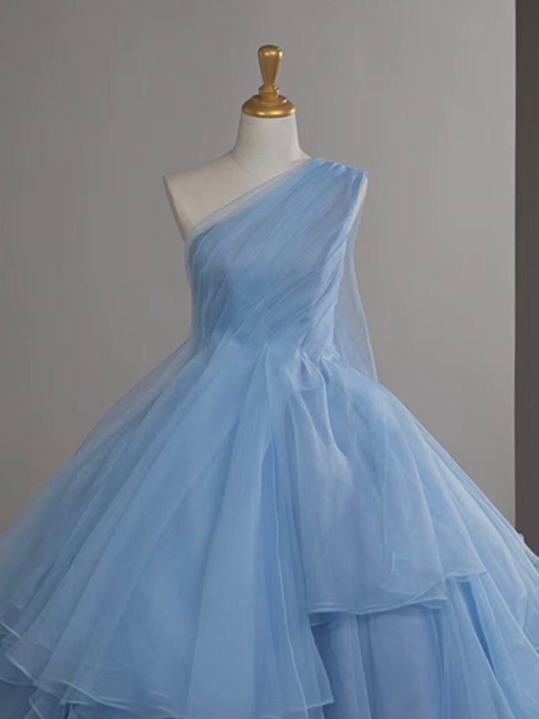 Ball Gown One Shoulder Tulle Blue Long Prom Dress, Blue Long Evening Dress