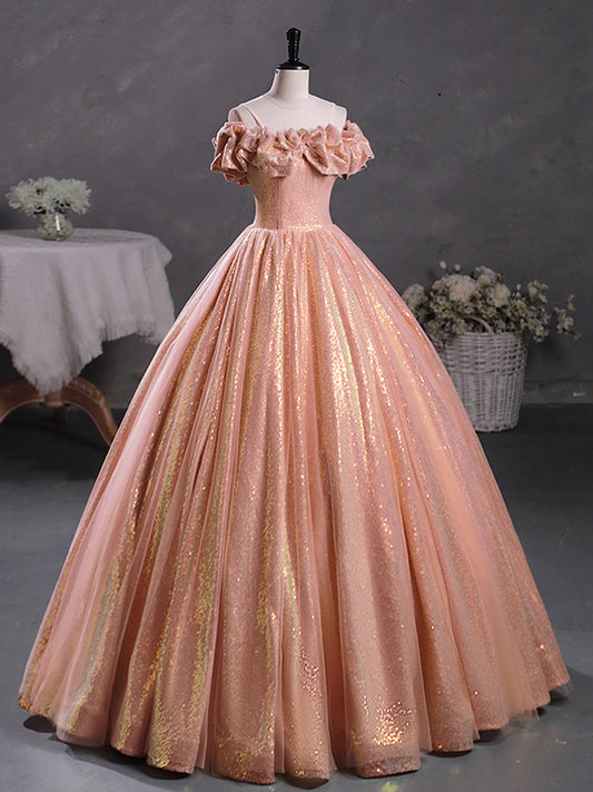 A-Line Off Shoulder Sequin Orange Pink Long Prom Dress, Sequin Evening Dress