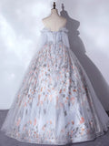 A-Line Tulle Sequin Lace Gray Long Prom Dress, Gray Long Formal Dress