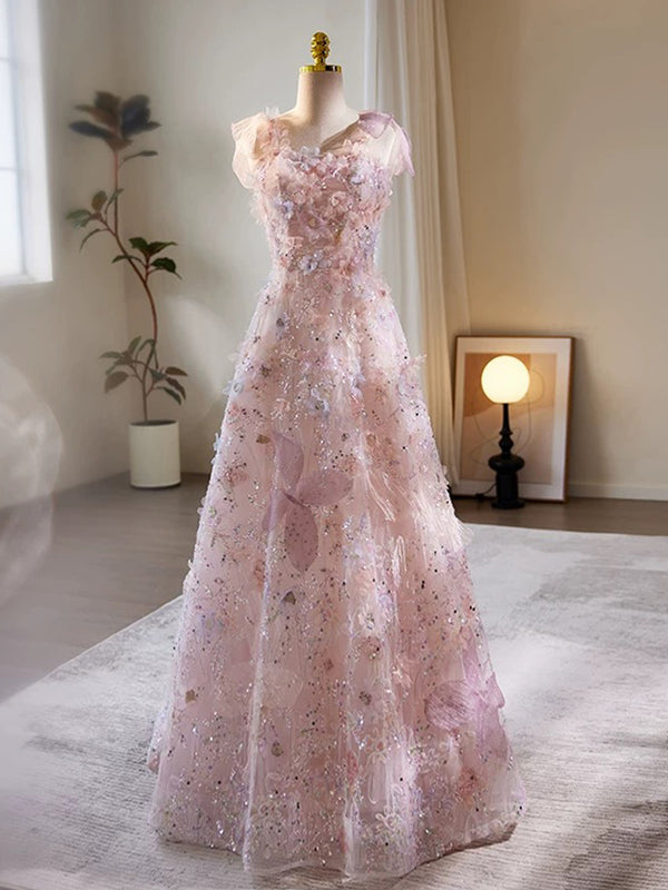 A-Line Tulle Lace Pink Long Prom Dress, Pink Long Evening Dress