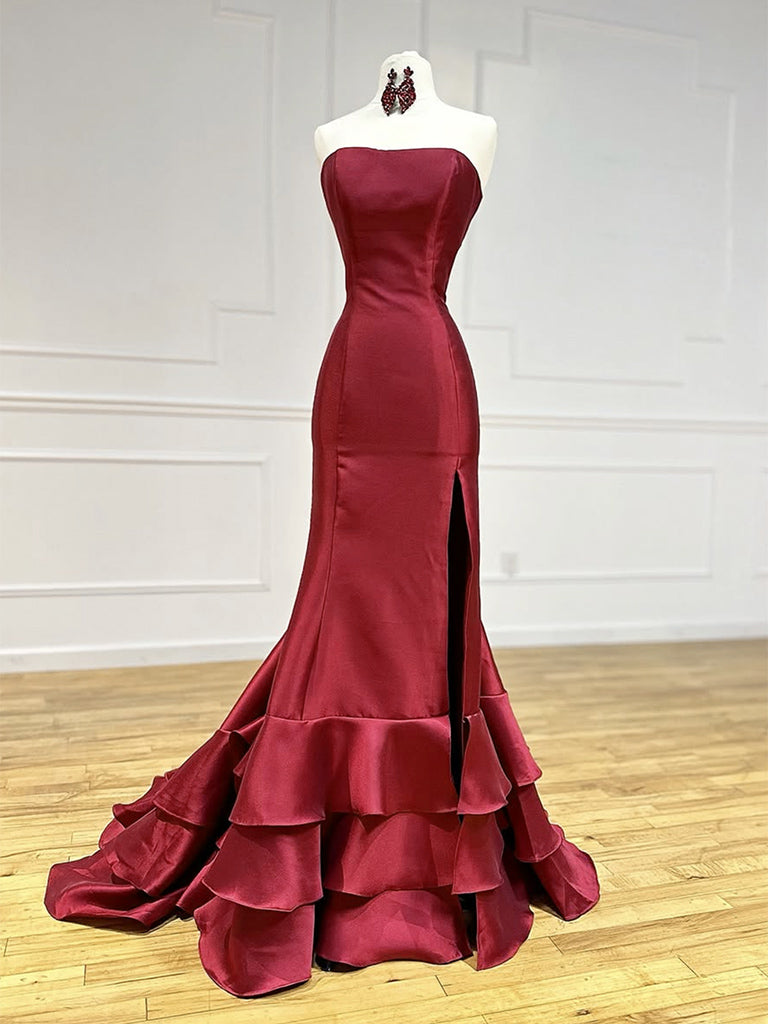 Simple Mermaid Satin Burgundy Long Prom Dress, Burgundy Long Evening Dress