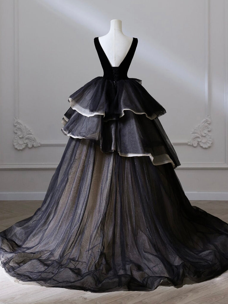 Black V Neck Tulle Velvet Long Prom Dress, Black Long Formal Dress