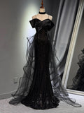 Mermaid Off Shoulder Tulle Sequin Sweep Train Black Prom Dress