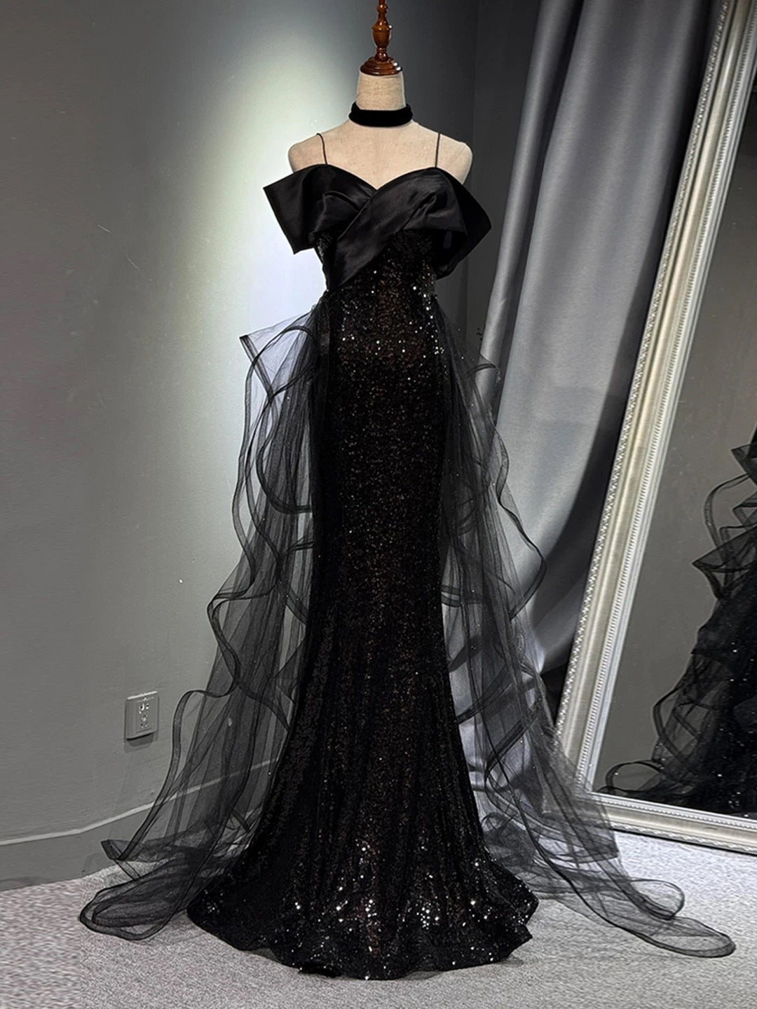 Mermaid Off Shoulder Tulle Sequin Sweep Train Black Prom Dress