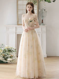 Champagne Tulle Lace Long Prom Dress, A-Line Lace Formal Dress