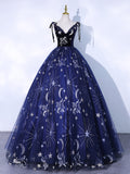 Dark Blue A-Line Tulle Lace Long Prom Dress, Blue Lace Formal Dress