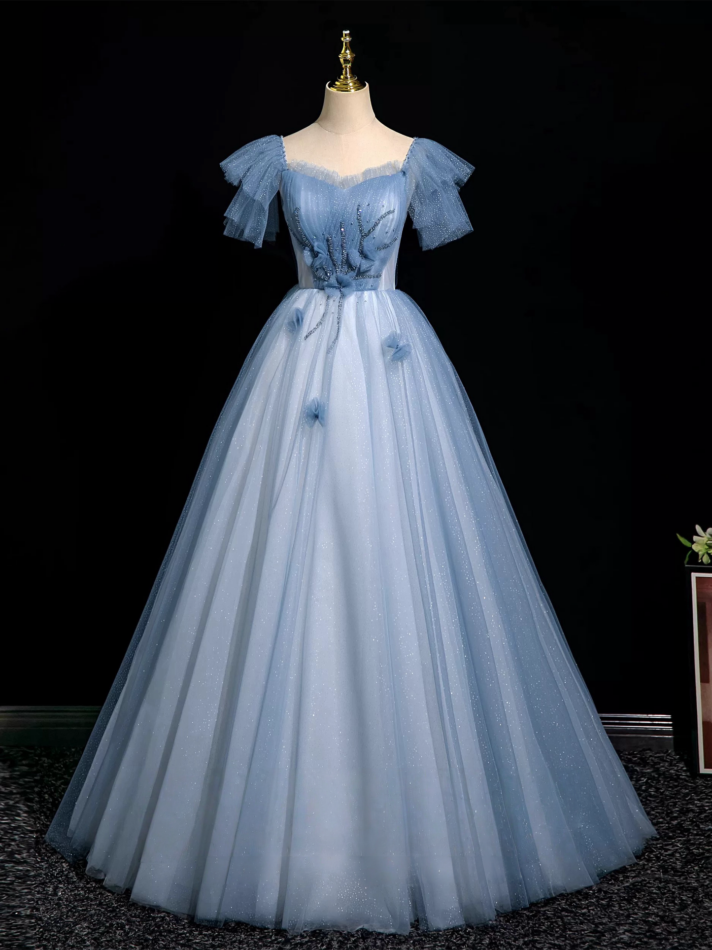 A-Line Tulle Sequin Gray Blue Long Prom Dress, Gray Blue Long Prom Dress