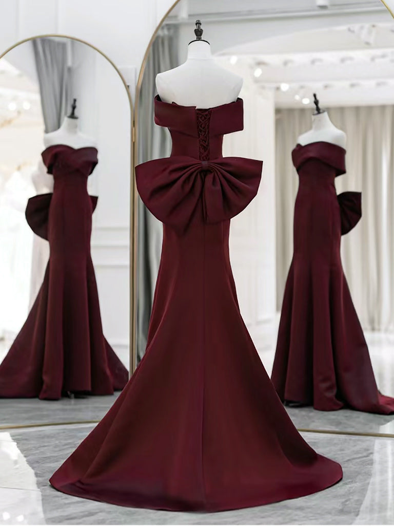Simple Off Shoulder Satin Burgundy Long Prom Dresses, Mermaid Long Eve