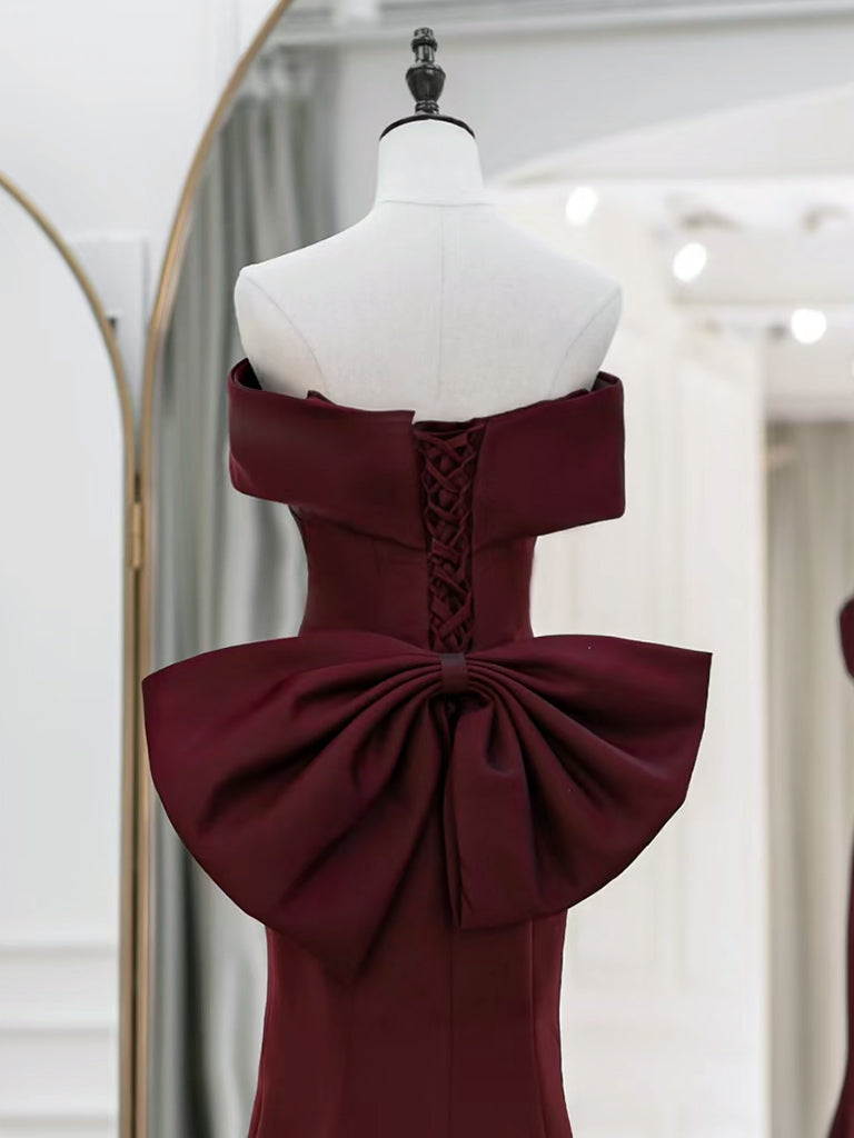 Simple Off Shoulder Satin Burgundy Long Prom Dresses, Mermaid Long Eve dresstby Simple Off Shoulder Satin Burgundy Long Prom Dresses, Mermaid Long Eve dresstby