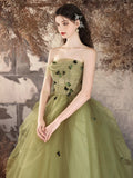 A-Line Tulle Applique Green Long Prom Dress, Green Long Evening Dress