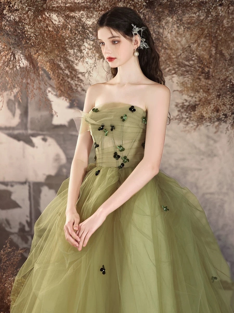 A-Line Tulle Applique Green Long Prom Dress, Green Long Evening Dress