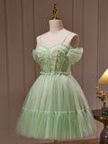 Green Sweetheart Neck Tulle Lace Short Prom Dress, Green Homecoming Dress