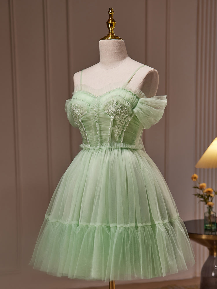 Green Sweetheart Neck Tulle Lace Short Prom Dress, Green Homecoming Dress