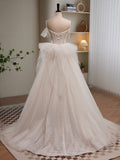 A-Line Sweetheart Neck Tulle Sequin Light Champagne Long Prom Dress with Beads