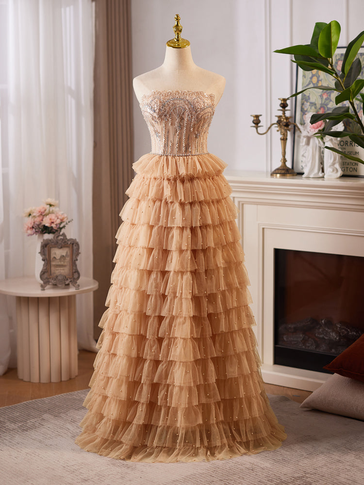 A-Line Tulle Lace Champagne Long Prom Dress With Beads