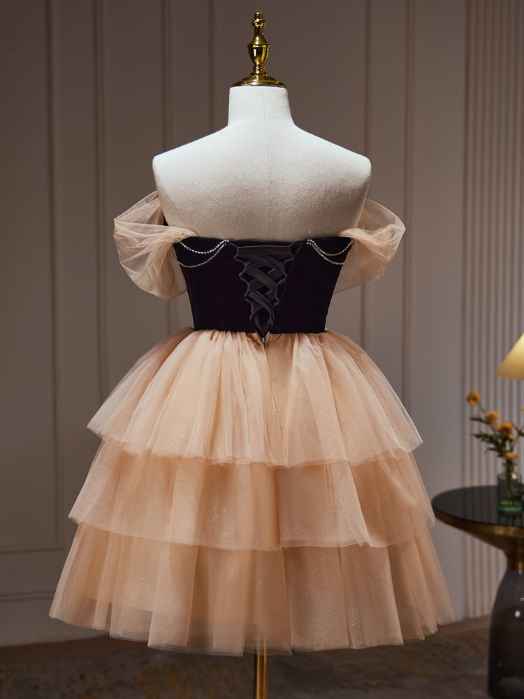 A-Line Sweetheart Neck Tulle Champagne Short Prom Dress, Champagne Homecoming Dress