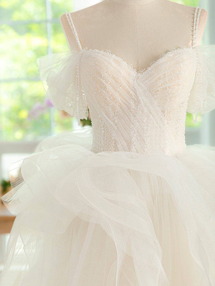 Ball Gown Tulle Lace ivory Long Prom Dress, ivory Long Graduation Dress