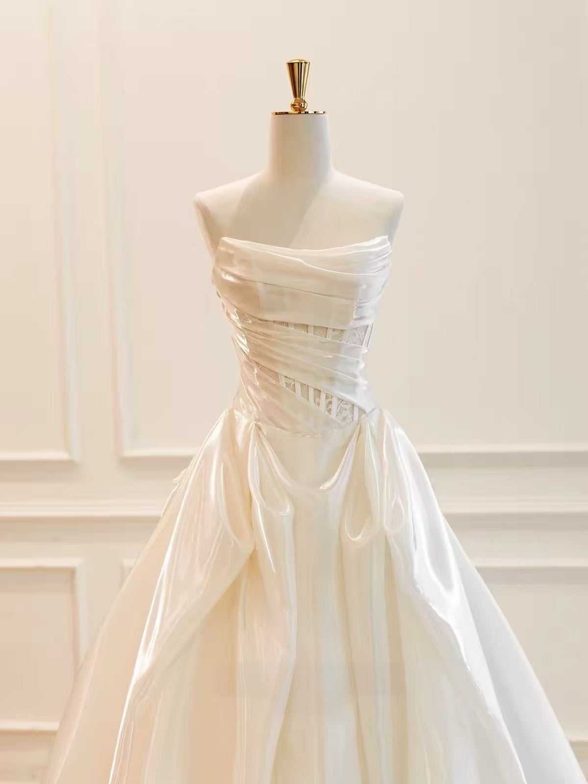 A-line Organza irregular Sweep Train Ivory Long Prom Dress