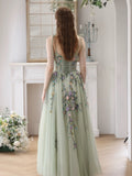 A-Line Tulle Beads Green Long Prom Dress, Green Long Formal Dress