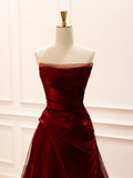 A-Line Organza Satin Sweep Train Burgundy Long Prom Dress