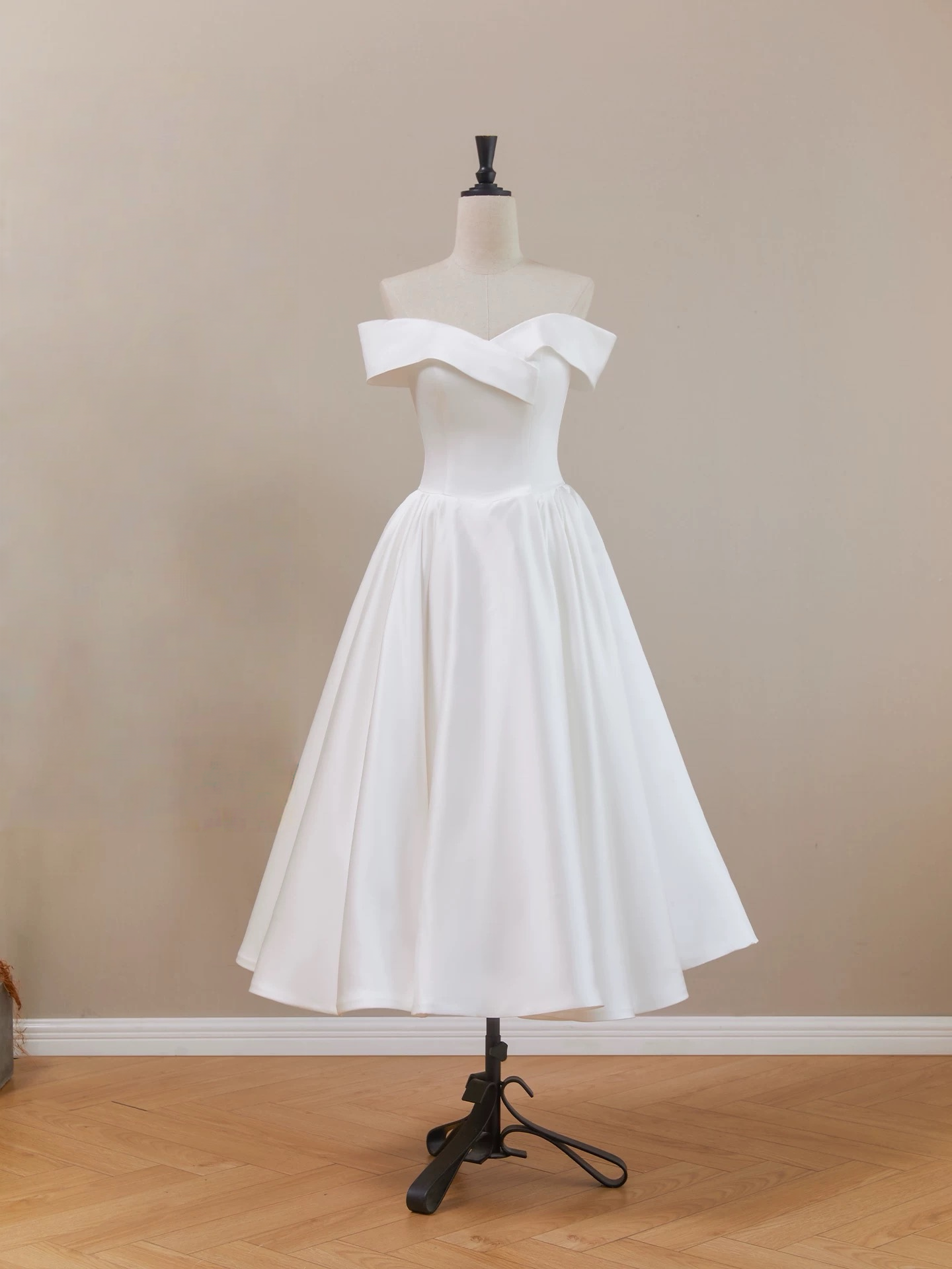 A-Line Off Shoulder Tea Length White Prom Dress, White Bridesmaid Dress
