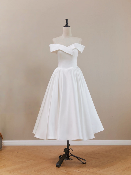 A-Line Off Shoulder Tea Length White Prom Dress, White Bridesmaid Dress