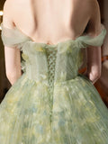 A-Line Tulle Lace Green Long Prom Dress, Green Long Formal Dress