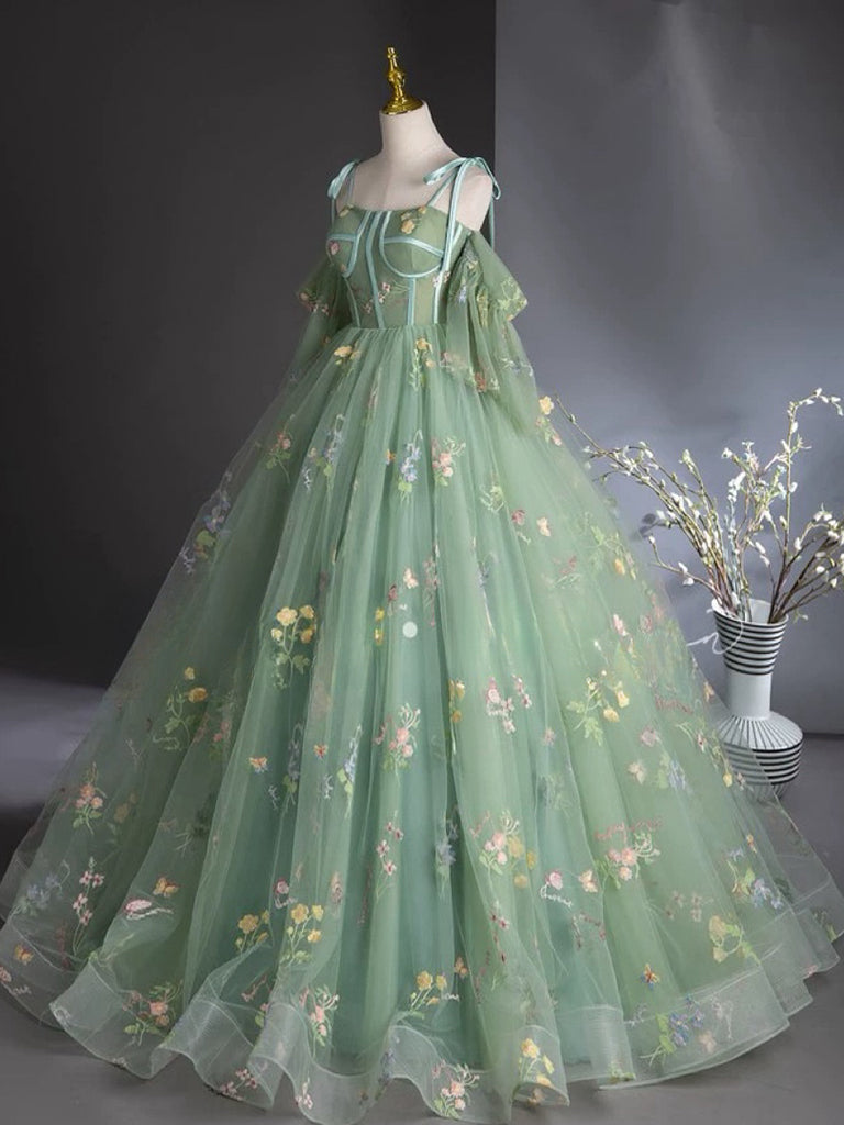 A-Line Sweetheart Neck Tulle Lace Green Long Prom Dress